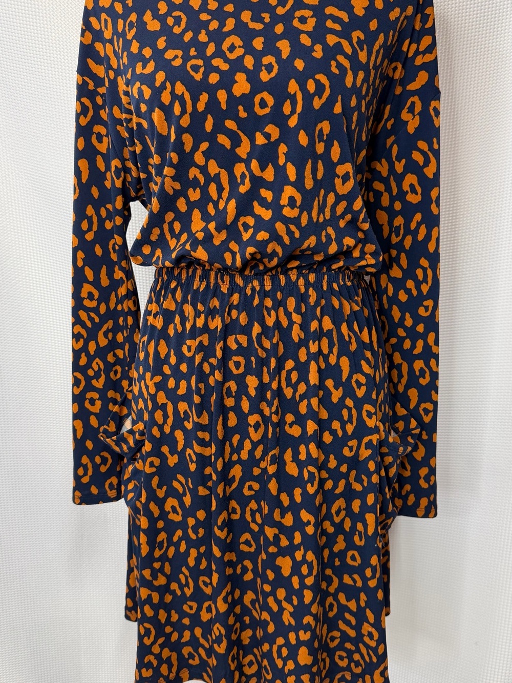Long Sleeve Navy Dress with Orange Leopard Print